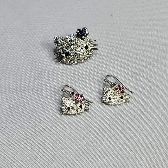 Hello Kitty Rhinestone Pin and Dangle Earrings Set Purple Pink flower Sanrio - Picture 3 of 8